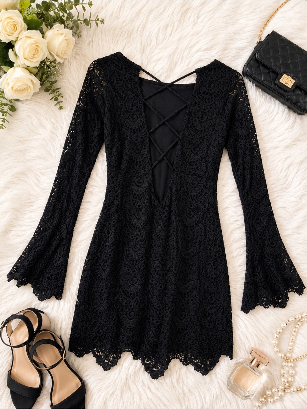 Nightcap Black Lace Bell Sleeve Mini Dress Open Crisscross Back Women’s Size 1
